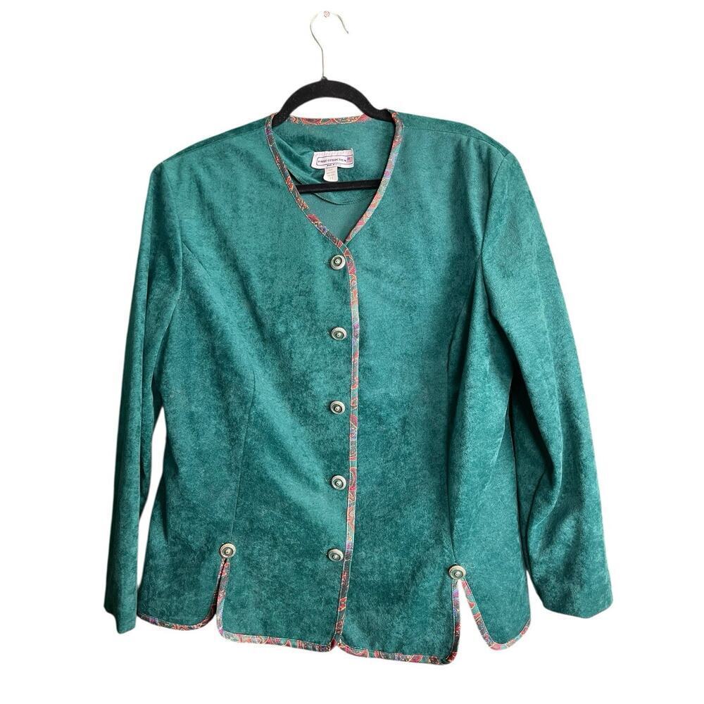 Pablo Collection Faux Suede Knit Blazer Women's 14 Button Up Green Paisley Trim - Picture 2 of 10